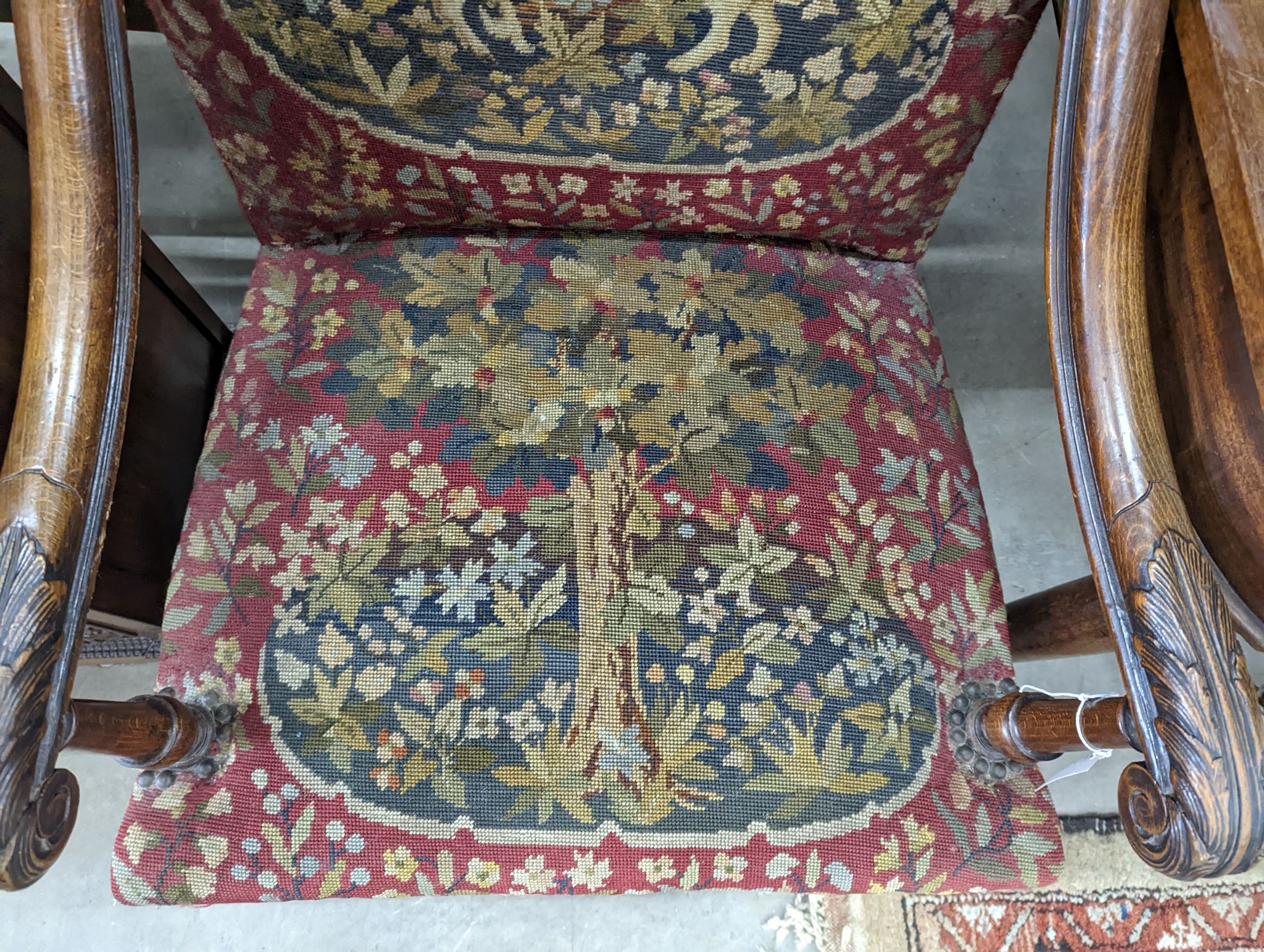 A 19th century walnut tapestry armchair, width 65cm, depth 53cm, height 110cm